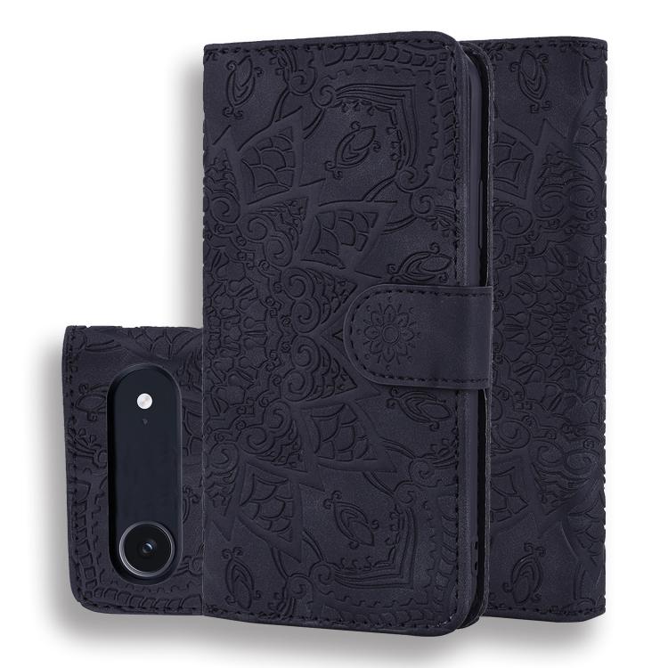For iPhone Air Mandala Embossed Dual-Fold Calf Leather Phone Case(Black)