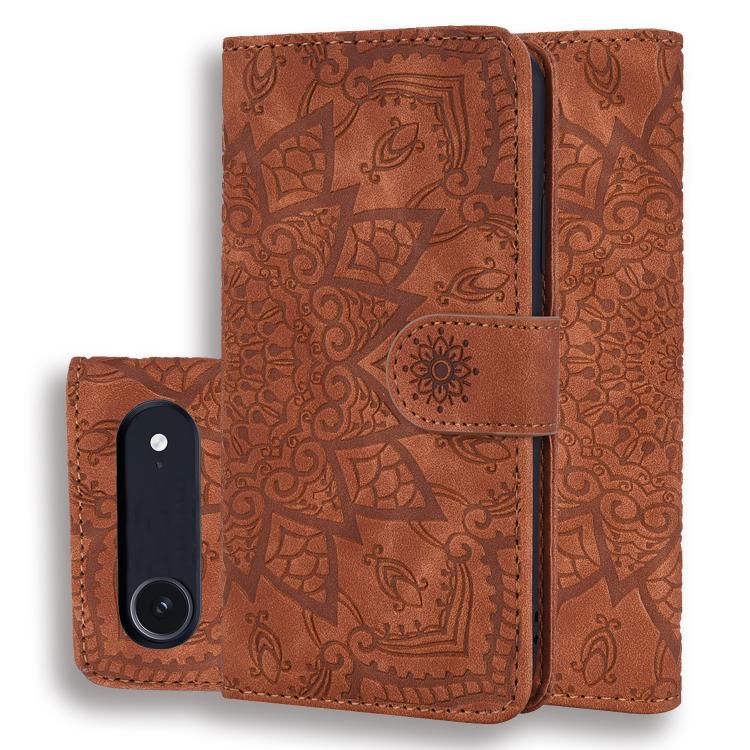 For iPhone Air Mandala Embossed Dual-Fold Calf Leather Phone Case(Brown)