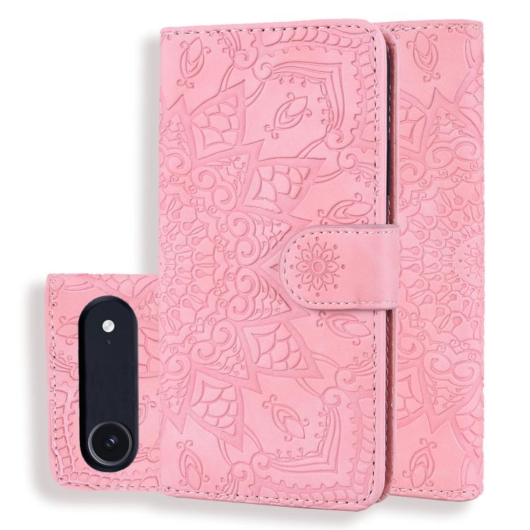 For iPhone Air Mandala Embossed Dual-Fold Calf Leather Phone Case(Pink)