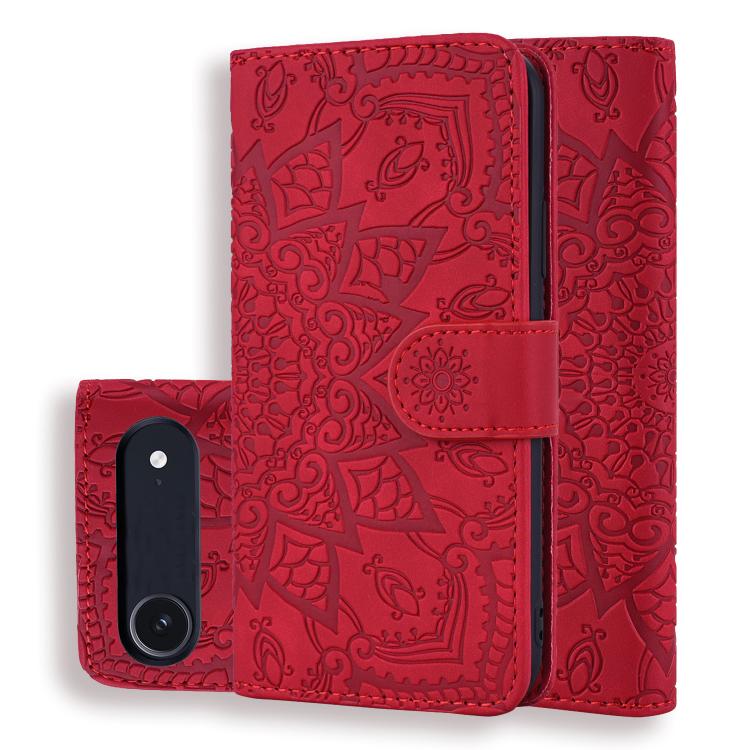 For iPhone Air Mandala Embossed Dual-Fold Calf Leather Phone Case(Red)
