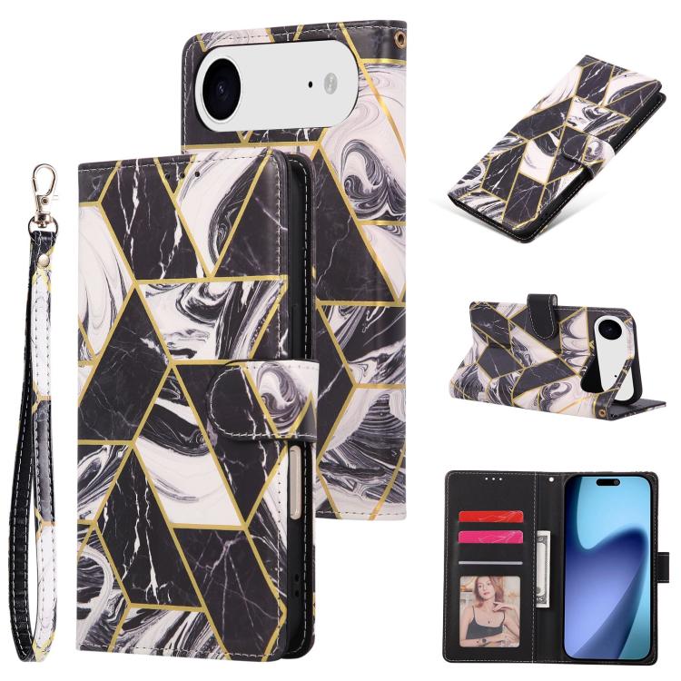 For iPhone Air Marble Bronzing Stitching Leather Phone Case(Black)