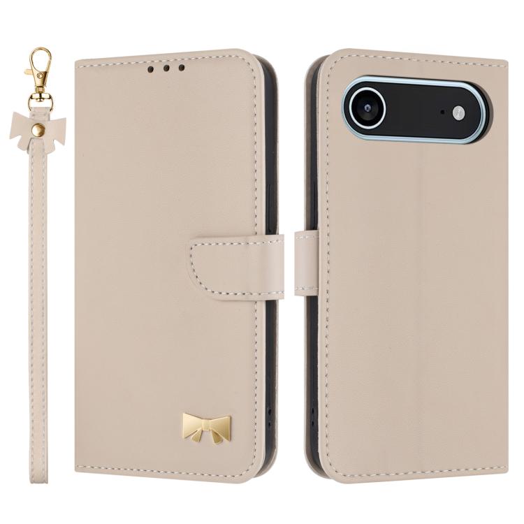 For iPhone Air Metal Bow Leather Phone Case with Hand Strap(Apricot)