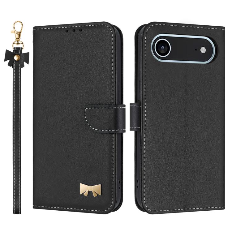 For iPhone Air Metal Bow Leather Phone Case with Hand Strap(Black)