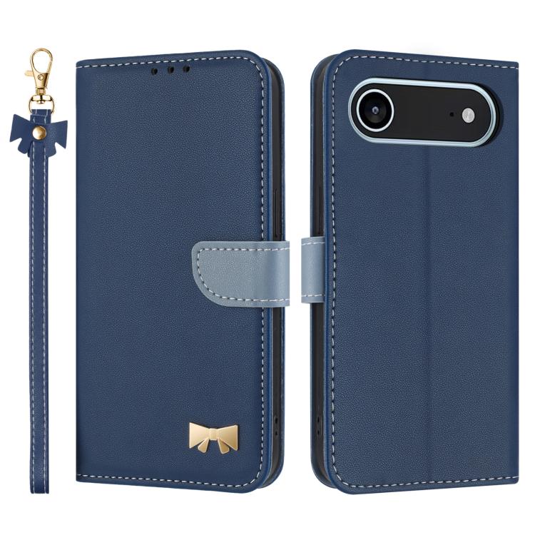 For iPhone Air Metal Bow Leather Phone Case with Hand Strap(Dark Blue)