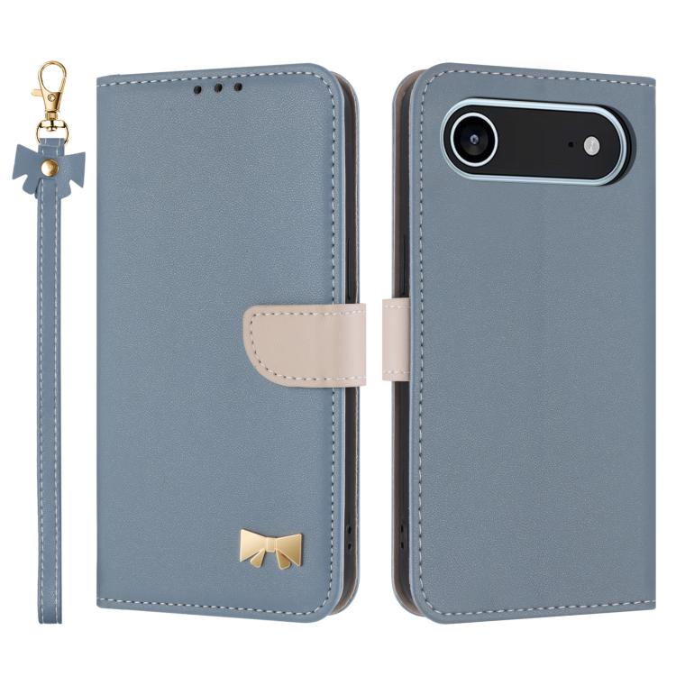 For iPhone Air Metal Bow Leather Phone Case with Hand Strap(Light Blue)