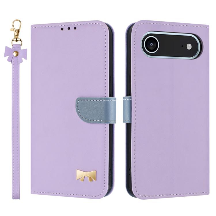 For iPhone Air Metal Bow Leather Phone Case with Hand Strap(Purple)