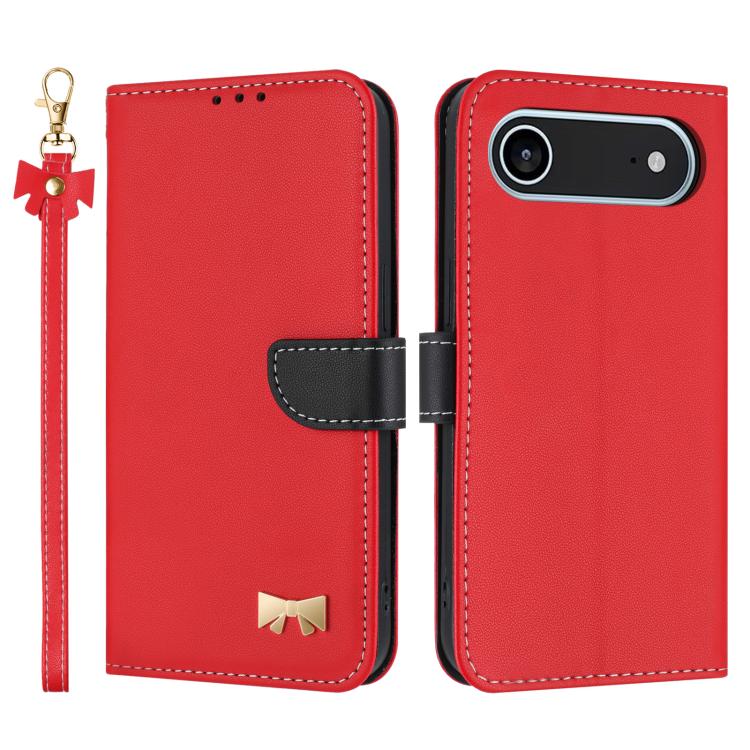 For iPhone Air Metal Bow Leather Phone Case with Hand Strap(Red)