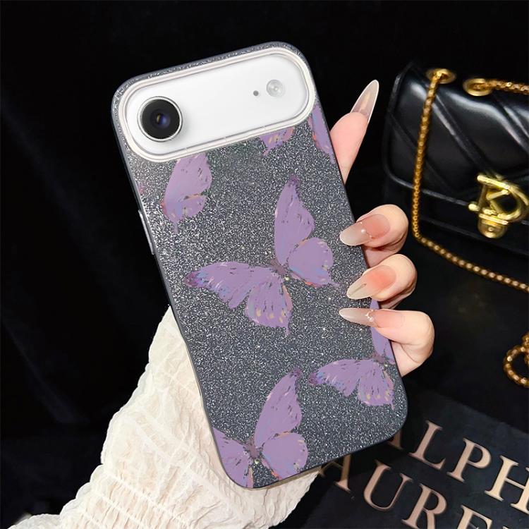 For iPhone Air Minimalist Purple Butterflies Pattern IMD Glitter PC Hybrid TPU Phone Case(Black)