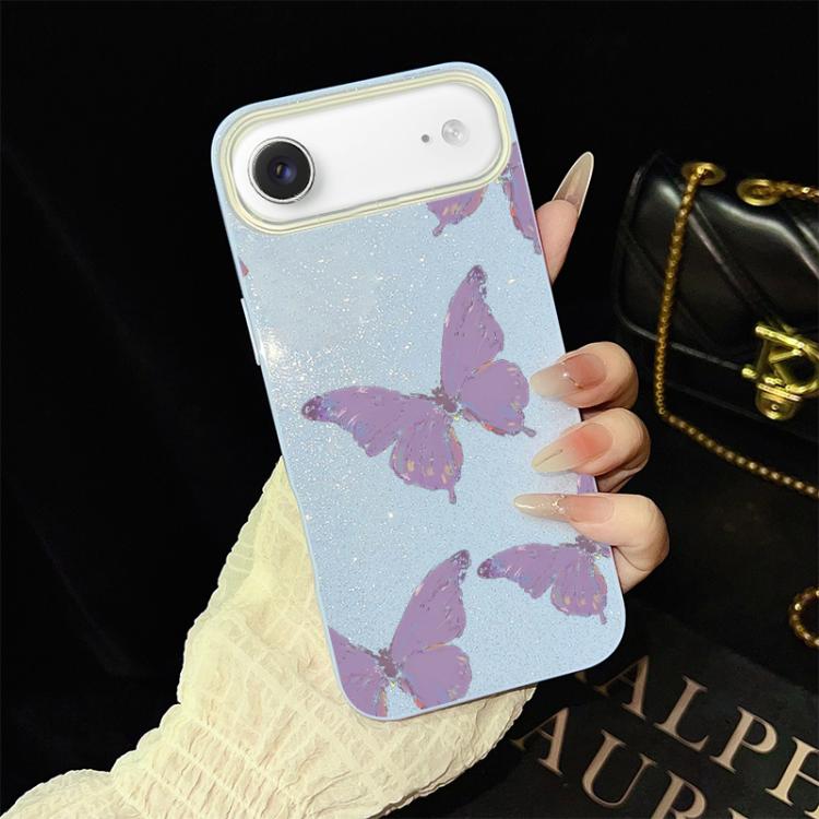 For iPhone Air Minimalist Purple Butterflies Pattern IMD Glitter PC Hybrid TPU Phone Case(Blue)