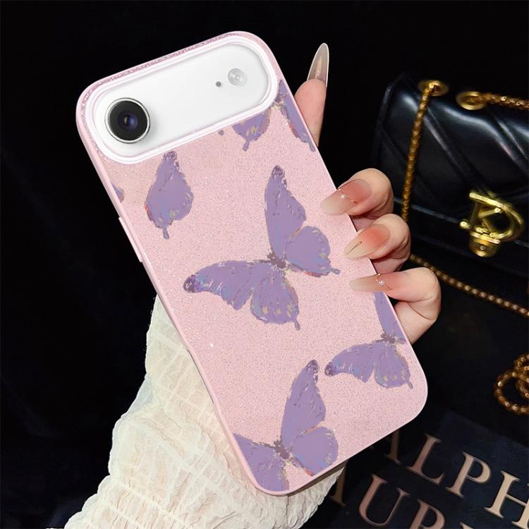 For iPhone Air Minimalist Purple Butterflies Pattern IMD Glitter PC Hybrid TPU Phone Case(Pink)