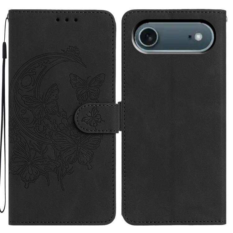 For iPhone Air Moonlit Butterfly Dance Pattern Embossed Leather Phone Case(Black)