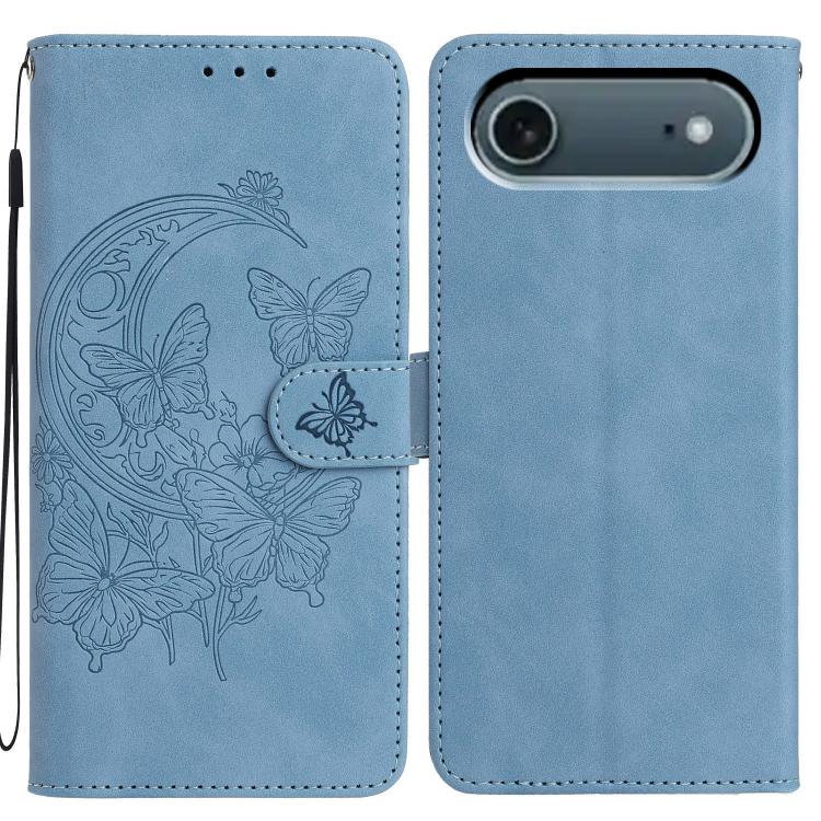 For iPhone Air Moonlit Butterfly Dance Pattern Embossed Leather Phone Case(Blue)