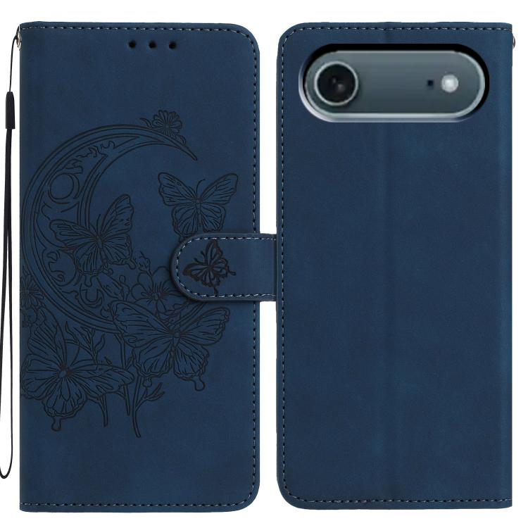 For iPhone Air Moonlit Butterfly Dance Pattern Embossed Leather Phone Case(Navy Blue)