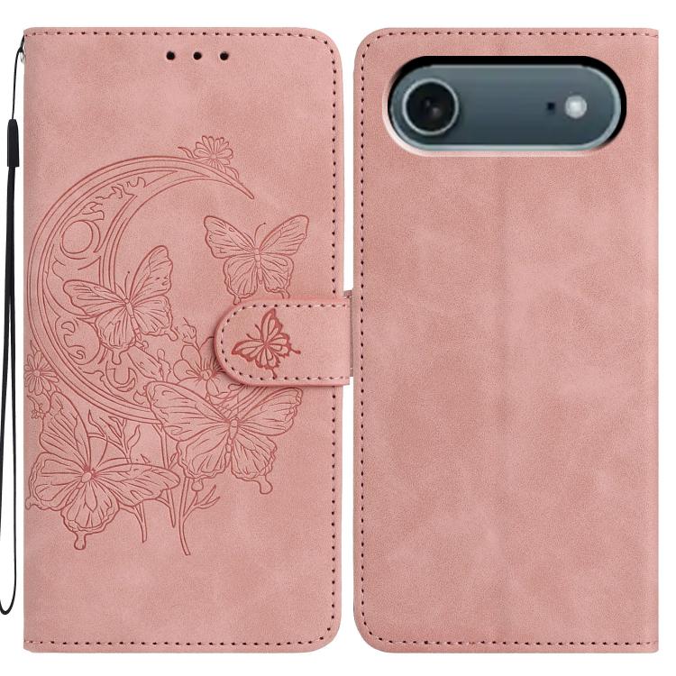For iPhone Air Moonlit Butterfly Dance Pattern Embossed Leather Phone Case(Pink)