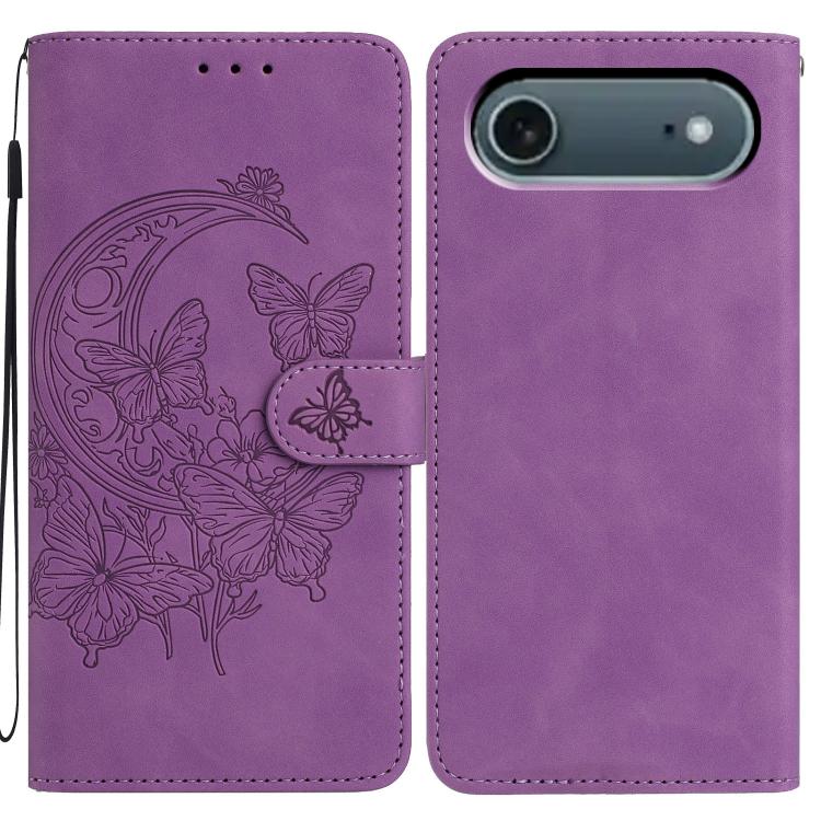 For iPhone Air Moonlit Butterfly Dance Pattern Embossed Leather Phone Case(Purple)