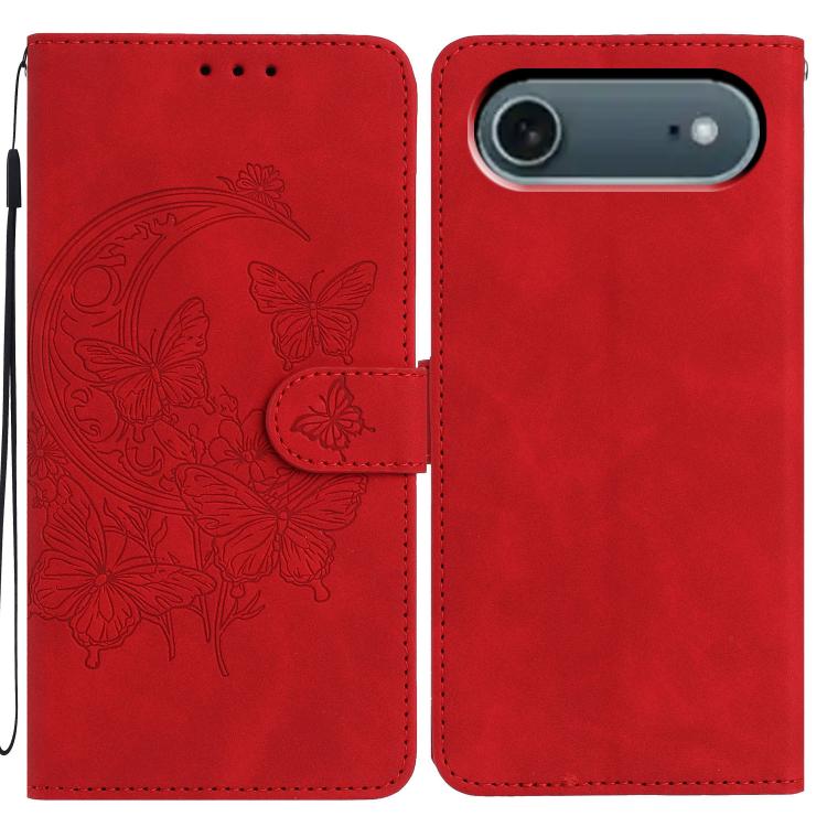 For iPhone Air Moonlit Butterfly Dance Pattern Embossed Leather Phone Case(Red)