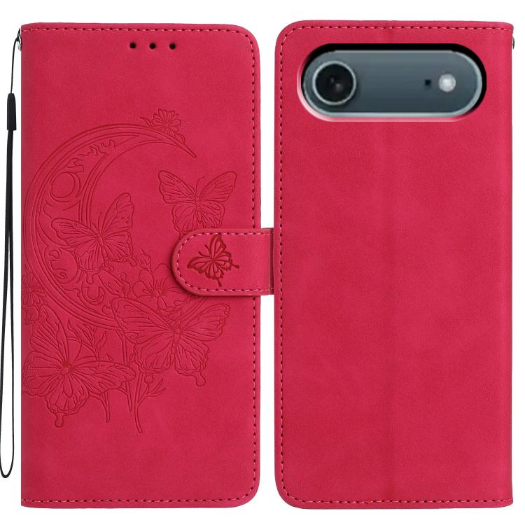 For iPhone Air Moonlit Butterfly Dance Pattern Embossed Leather Phone Case(Rose Red)