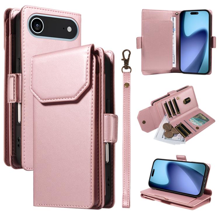 For iPhone Air Multi Card Wallet Leather Phone Case with Strap(Rose Gold)