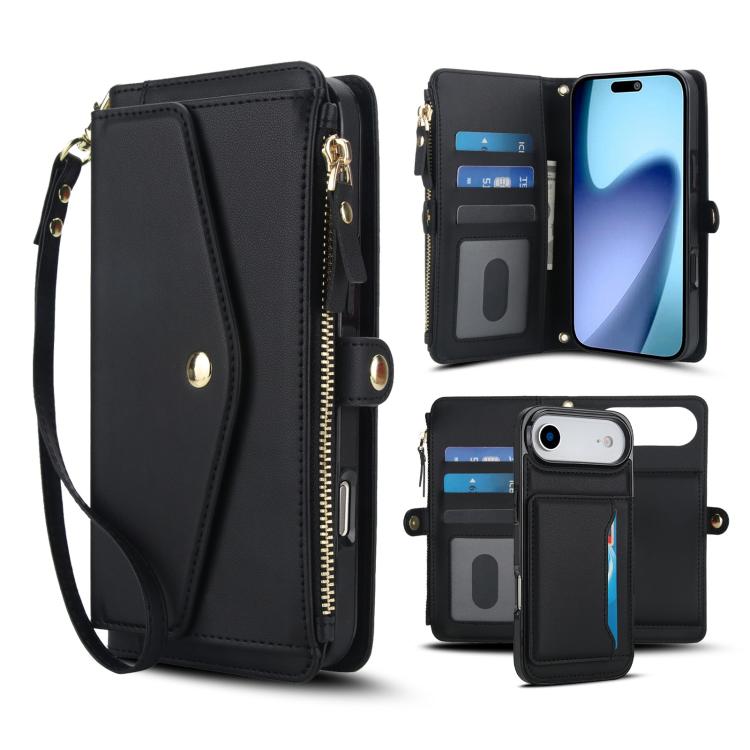 For iPhone Air Multifunctional Wallet Detachable Leather Phone Case with Lanyard(Black)
