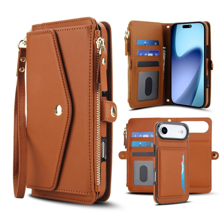 For iPhone Air Multifunctional Wallet Detachable Leather Phone Case with Lanyard(Brown)