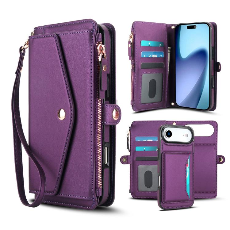 For iPhone Air Multifunctional Wallet Detachable Leather Phone Case with Lanyard(Dark Purple)