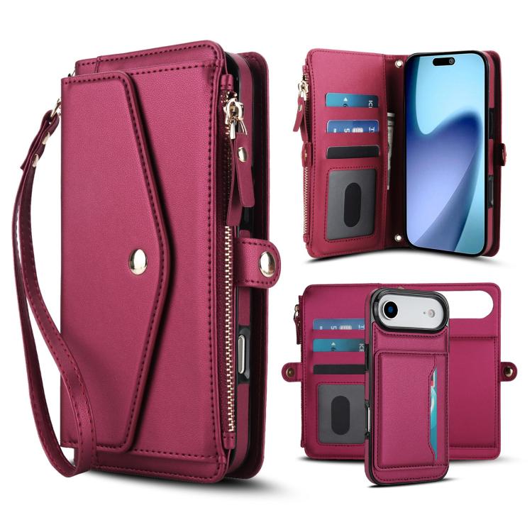 For iPhone Air Multifunctional Wallet Detachable Leather Phone Case with Lanyard(Red)