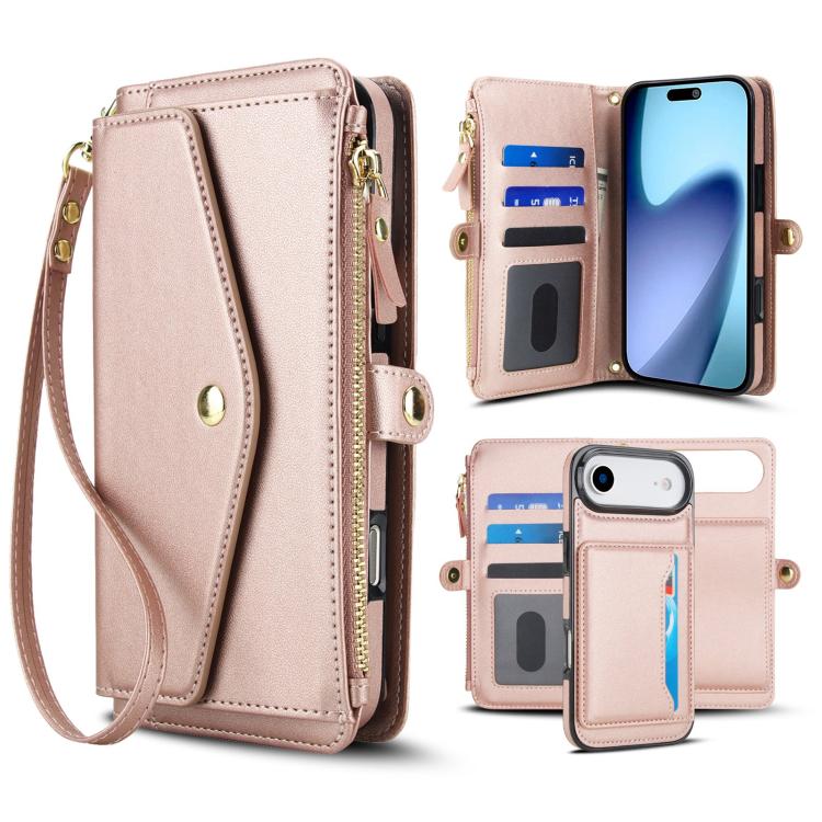 For iPhone Air Multifunctional Wallet Detachable Leather Phone Case with Lanyard(Rose Gold)