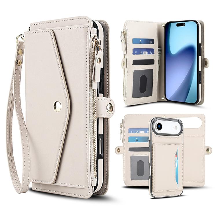 For iPhone Air Multifunctional Wallet Detachable Leather Phone Case with Lanyard(White)