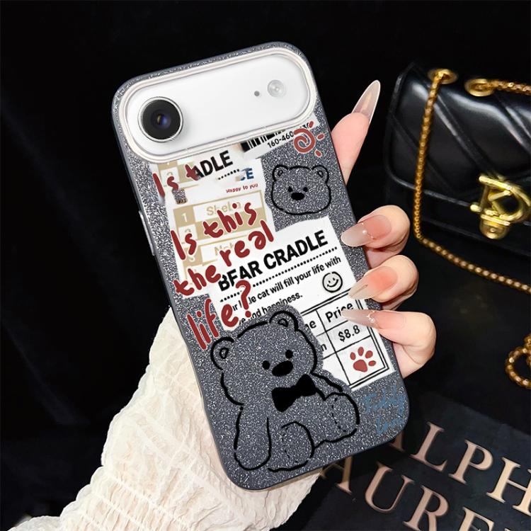 For iPhone Air Newspaper Bear Pattern IMD Glitter PC Hybrid TPU Phone Case(Black)