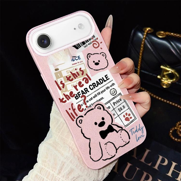 For iPhone Air Newspaper Bear Pattern IMD Glitter PC Hybrid TPU Phone Case(Pink)