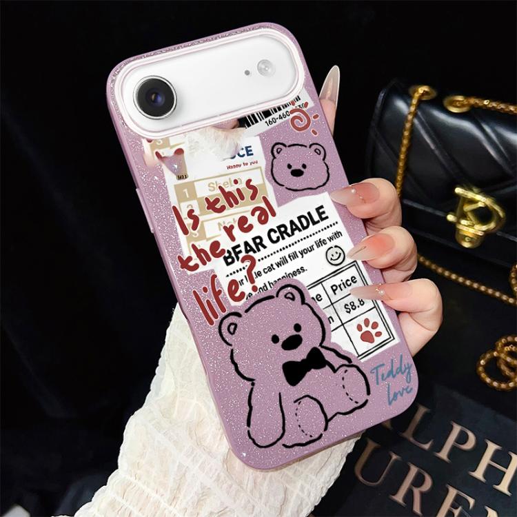 For iPhone Air Newspaper Bear Pattern IMD Glitter PC Hybrid TPU Phone Case(Purple)