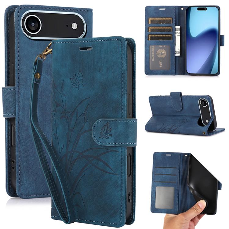 For iPhone Air Orchid Butterfly Embossed Leather Phone Case(Blue)