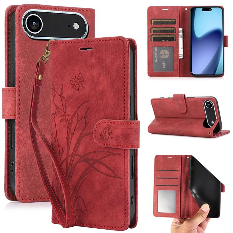 For iPhone Air Orchid Butterfly Embossed Leather Phone Case(Red)