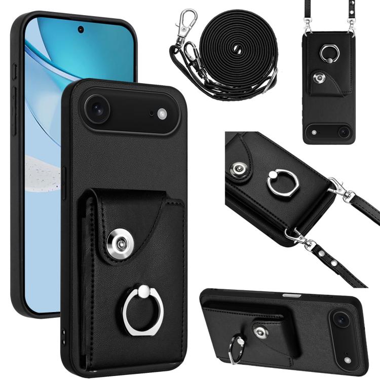 For iPhone Air Organ Card Bag Ring Holder Phone Case with Long Lanyard(Black)