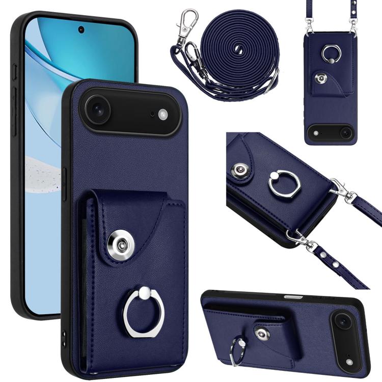 For iPhone Air Organ Card Bag Ring Holder Phone Case with Long Lanyard(Blue)