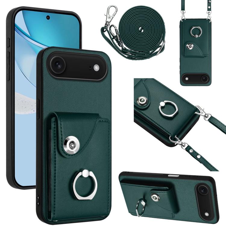 For iPhone Air Organ Card Bag Ring Holder Phone Case with Long Lanyard(Green)