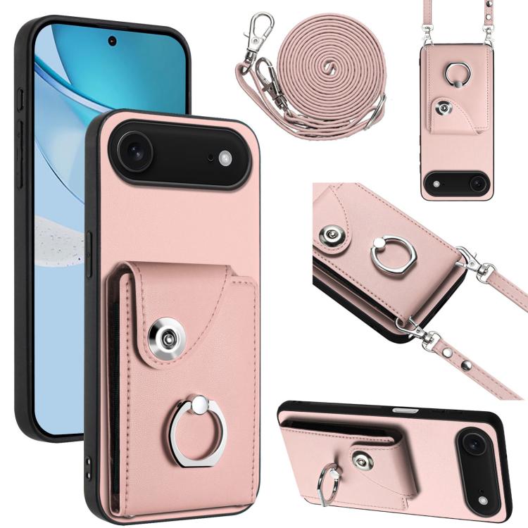 For iPhone Air Organ Card Bag Ring Holder Phone Case with Long Lanyard(Pink)