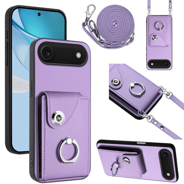 For iPhone Air Organ Card Bag Ring Holder Phone Case with Long Lanyard(Purple)