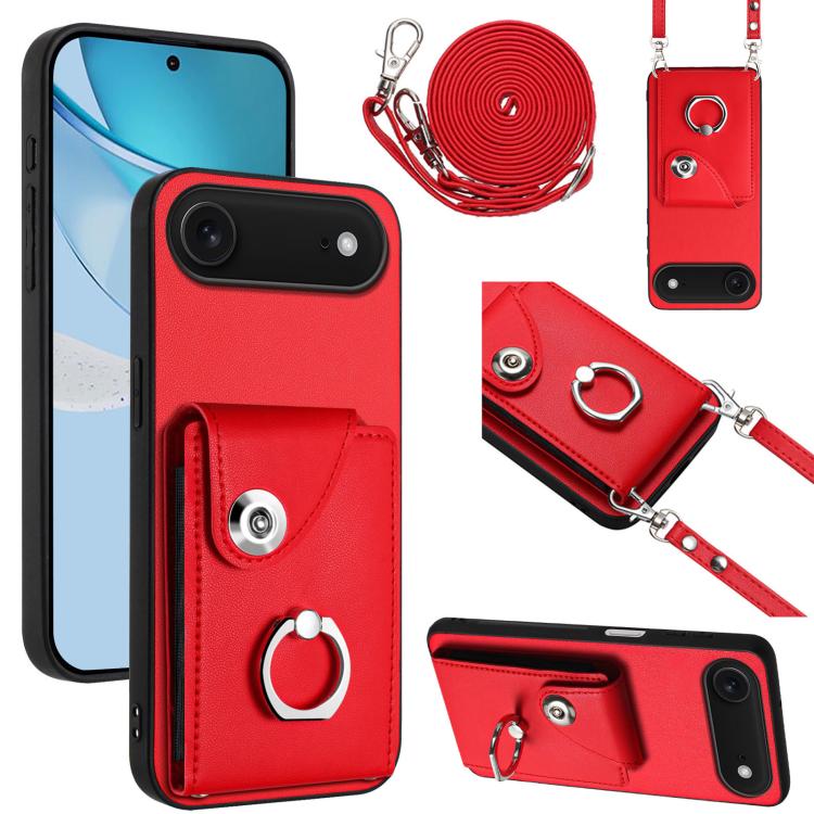 For iPhone Air Organ Card Bag Ring Holder Phone Case with Long Lanyard(Red)