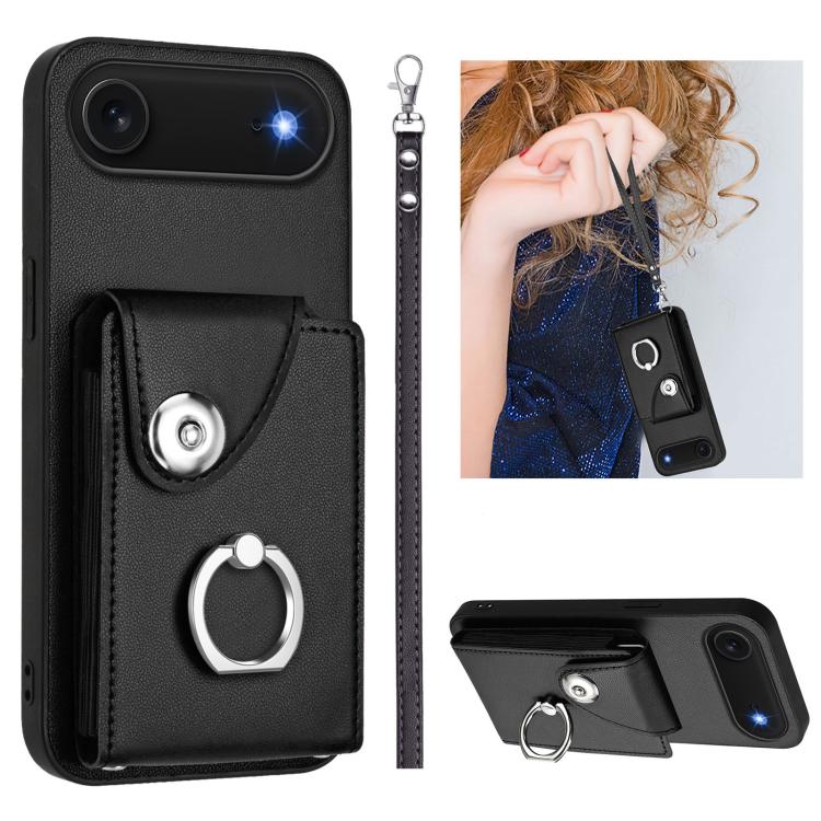 For iPhone Air Organ Card Bag Ring Holder PU Phone Case with Lanyard(Black)