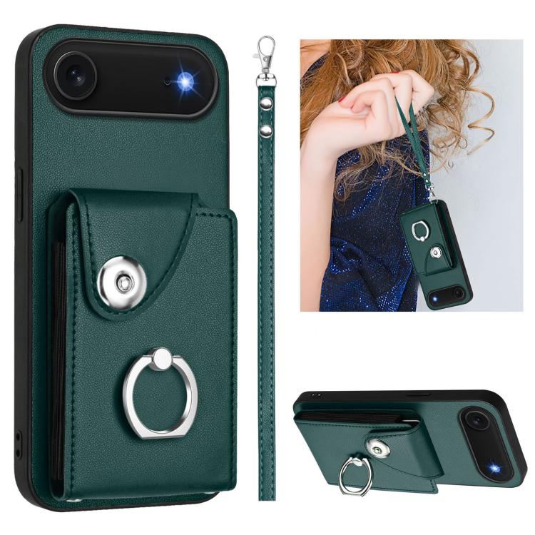 For iPhone Air Organ Card Bag Ring Holder PU Phone Case with Lanyard(Green)