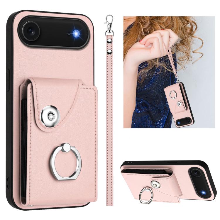For iPhone Air Organ Card Bag Ring Holder PU Phone Case with Lanyard(Pink)