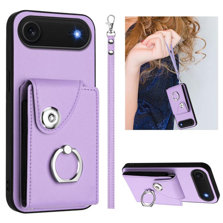 For iPhone Air Organ Card Bag Ring Holder PU Phone Case with Lanyard(Purple)