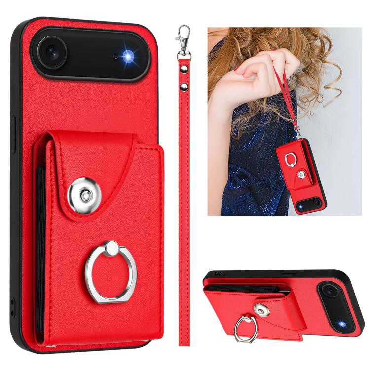 For iPhone Air Organ Card Bag Ring Holder PU Phone Case with Lanyard(Red)