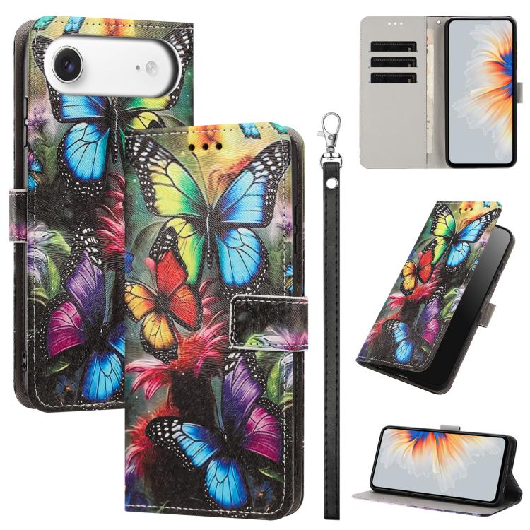 For iPhone Air Painted Pattern Vegan Leather Phone Case with Strap(Colorful Butterfly)