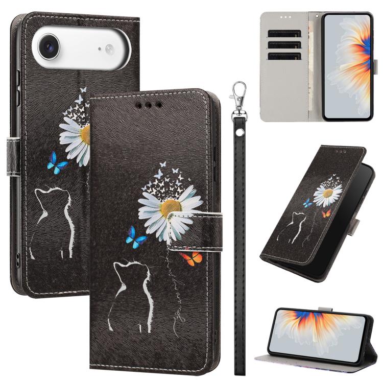 For iPhone Air Painted Pattern Vegan Leather Phone Case with Strap(Daisy Cat)