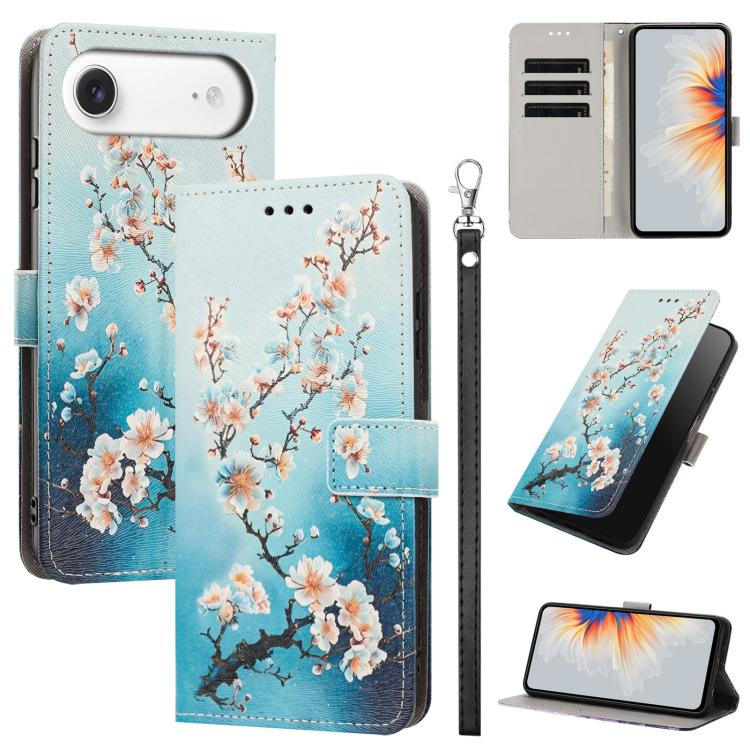 For iPhone Air Painted Pattern Vegan Leather Phone Case with Strap(Plum Blossom)