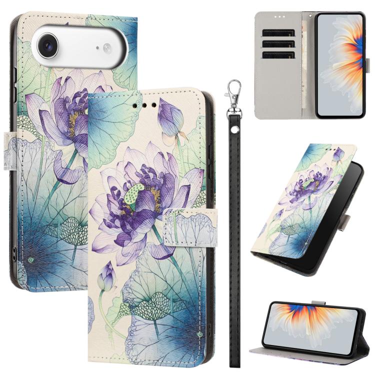 For iPhone Air Painted Pattern Vegan Leather Phone Case with Strap(Purple Lotus)
