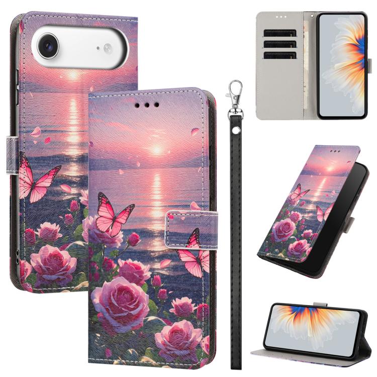 For iPhone Air Painted Pattern Vegan Leather Phone Case with Strap(Rose Butterfly)