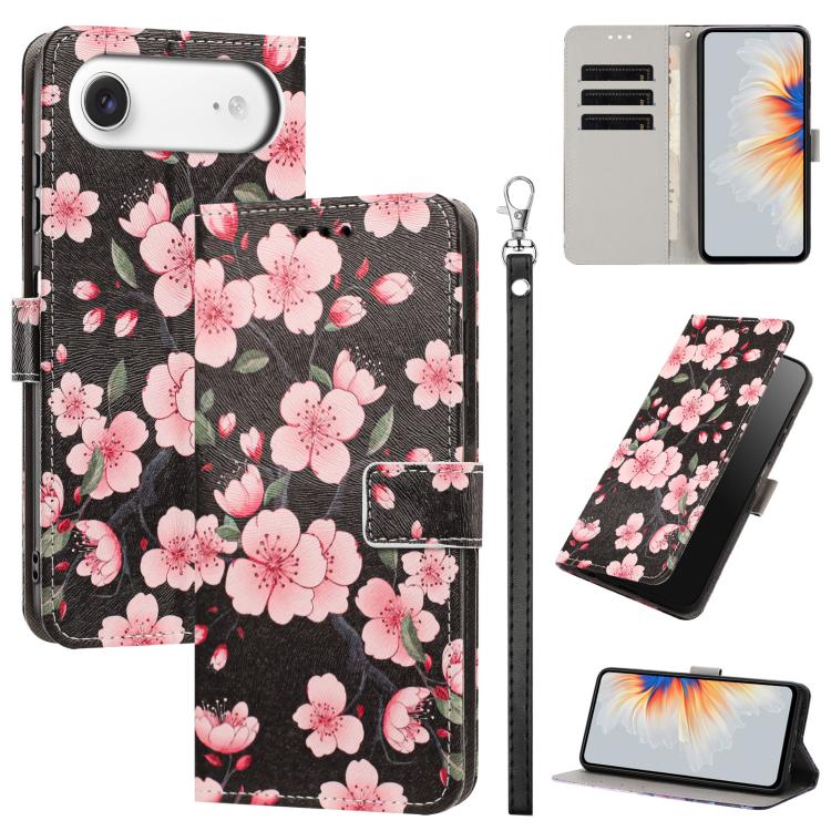 For iPhone Air Painted Pattern Vegan Leather Phone Case with Strap(Sakura)